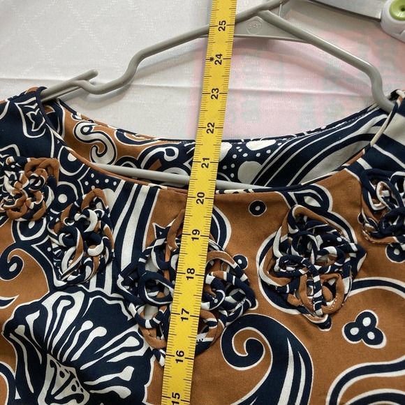 Tory Burch Silk Top Sz 4 Navy Brown Abstract Print Fall Colors Classic Tailored - Picture 10 of 10